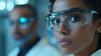 A focused scientist in protective eyewear, showcasing concentration and professionalism in a laboratory setting.