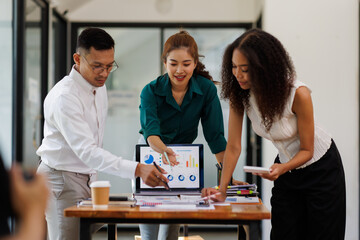 Efficient business Financial meeting with professionals discussing strategies and ideas.collaborates actively, showcasing teamwork and innovation in modern office space.
