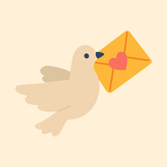 Flat vector of cute bird flying with heart envelope, symbolizing romantic message and warm connection.