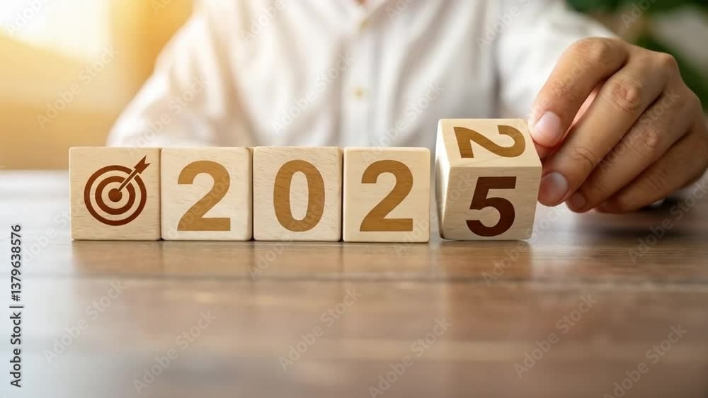 Poster wooden blocks spelling out a year with a target symbol and a person in the background blurred