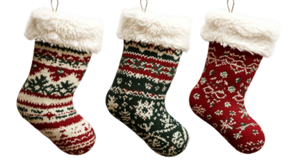 Three Christmas stockings hanging in perfect alignment isolated on white background. Suitable for marketing or business purposes. PNG file