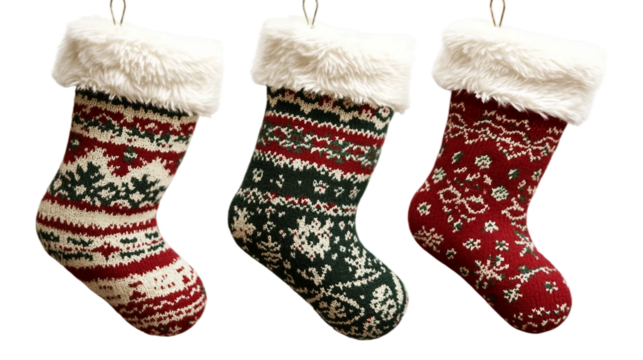 Three Christmas stockings hanging in perfect alignment isolated on white background. Suitable for marketing or business purposes. PNG file
