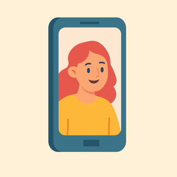recommend clip art: Flat vector illustration of female avatar on smartphone screen. Concept of video communication, online chat or mobile call.