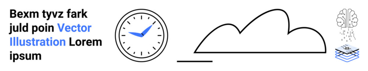 Clock with blue hand, stylized cloud, brain icon, and stacked layers suggesting time, technology, and AI ideas. Ideal for innovation, cloud computing, data education time management AI simple