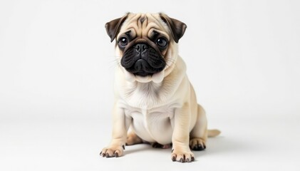 Single pug, facing forward, on pure white backdrop Close-up view , isolated, background, pug