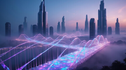 Futuristic cityscape at dawn, featuring a luminous bridge connecting towering structures.  A scene of technological advancement and urban design.