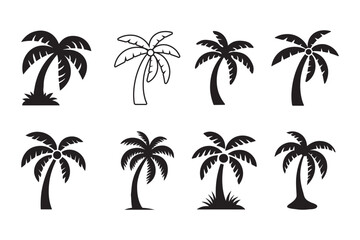 Fototapeta premium Set of palm tree silhouette vector icon art illustration on white background