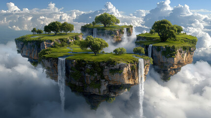 surreal landscape with floating islands features lush greenery, cascading waterfalls, and fluffy clouds. scene evokes sense of wonder and tranquility, blending nature with fantasy elements