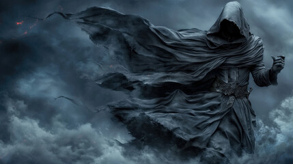 Obraz premium mysterious hooded figure emerges from swirling dark clouds, shrouded in flowing cloak. scene evokes sense of intrigue and fantasy, with ethereal atmosphere