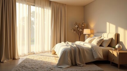 Serene Bedroom Interior Design Soft Sunlight Illuminates a Comfortable Bed with Neutral Tones and Plush Textiles in a Cozy Room