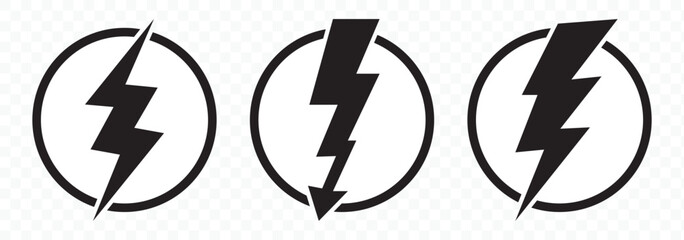 Lightning bolt icons set isolated on white background. Black flash symbol, thunderbolt vector illustration. Simple lightning strike sign. EPS 10.
