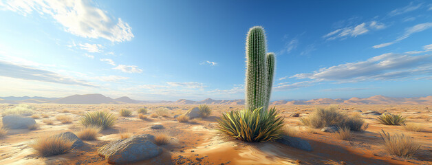 Panoramic View Solitary Cactus in Expansive Desert with Sand Dunes and Blue Sky. 