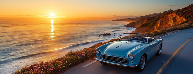 Vintage Blue Convertible Road Trip on Pacific Coast Highway at Sunset