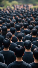 Obraz premium A large crowd of people dressed in identical black clothing standing in formation, seen from behind. A conceptual image representing conformity, unity, or anonymity in society. 