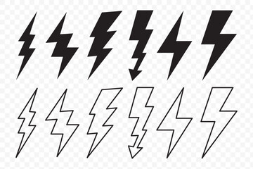 Lightning bolt icons set isolated on white background. Black flash symbol, thunderbolt vector illustration. Simple lightning strike sign. EPS 10.