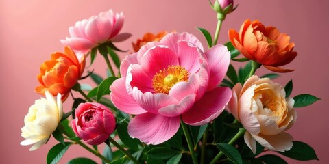 Fototapeta premium A vibrant bouquet of delicate peonies in various shades of pink, peach, and coral, showcasing their intricate petals and lush green foliage against a soft pastel background.