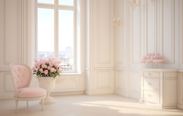 serene indoor scene presents a pastel color palette featuring soft pink flowers, a comfortable chair, and natural sunlight streaming through a window.