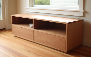 Modern Wooden Storage Unit: A contemporary wooden storage unit with clean lines, featuring drawers and open shelves, positioned beside a window.