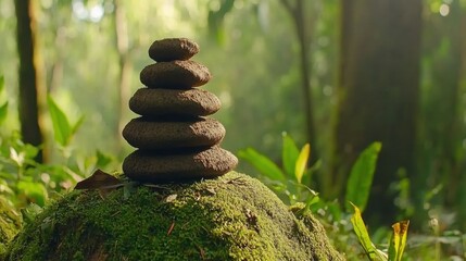 Stacked Dark Brown Stones on Mossy Surface in Lush Green Forest