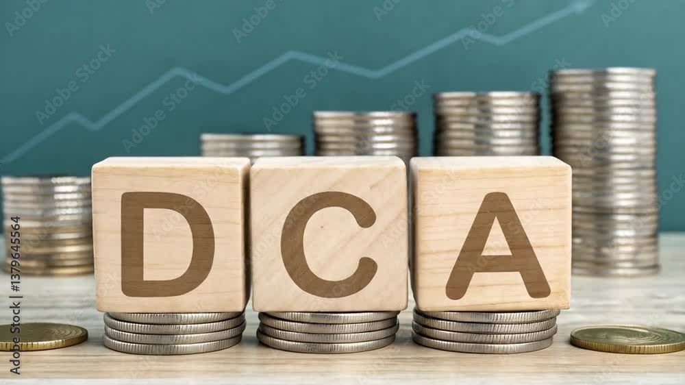 Poster Wooden blocks spelling dca on coin stacks with upward trending line in the background showing growth