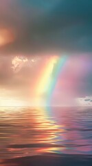 Fototapeta premium A serene view of a rainbow arching over calm waters at sunset.
