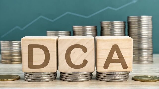 Wooden blocks spelling dca on coin stacks with upward trending line in the background showing growth