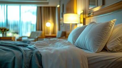 Hotel bedroom, cozy bedding, evening, garden view, relaxing