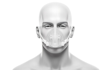 striking, high-key, studio portrait of a male figure showcasing the integration of medical technology for respiratory support