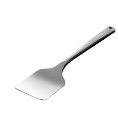 Sleek stainless steel spatula with ergonomic handle and polished blade on transparent background