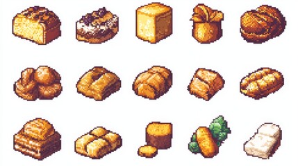 pixel art bread collection, crisp square pixels, classic gaming aesthetic, detailed pastry designs, clean white background, pixelated food icons, retro game assets, minimalist color scheme, precise
