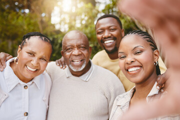 Portrait, black couple and selfie of senior parents outdoor for holiday, vacation or family memory....