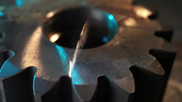 laser rust removal on a large iron gear. laser cleaning effortlessly strips away corrosion. Manufacturing, engineering, and industrial innovation content eco-friendly metal restoration in action