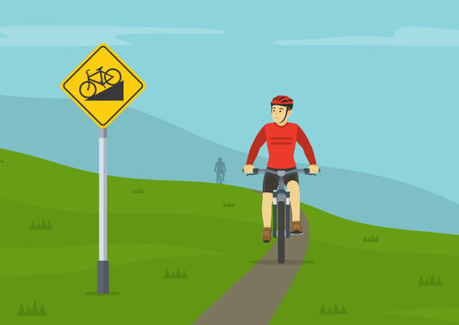 Traffic regulation rules and tips. Riding a bicycle on a grades and hills. Mountain biking. Front view of a cyclist looking at traffic sign. Flat vector illustration template.