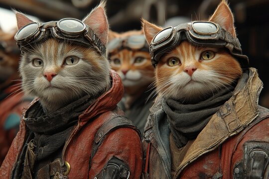 Steampunk cats with goggles stand in a row, wearing tattered, vintage outfits