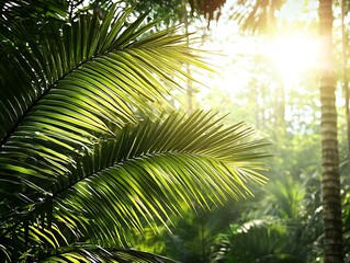 Fototapeta premium Sunlit tropical palm fronds lush forest nature photography serene atmosphere close-up view vibrant greenery