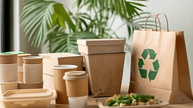 Assortment of biodegradable food containers and a brown paper bag with a recycle symbol on table