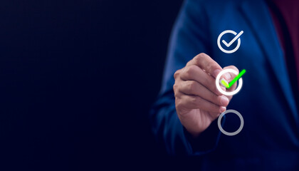 Checklist concept, Businessman mark checkboxes, Survey form, check marks on checklist, filling online form and answering questions. List options business employee security procedures followed office. © Suriya