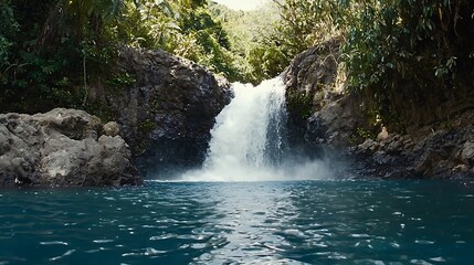 Obraz premium Majestic waterfall cascading in lush jungle nature scene tropical paradise serene viewpoint