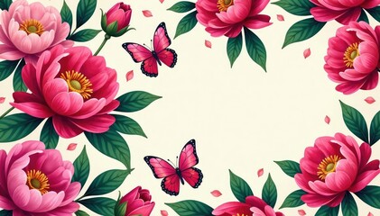 Bold peony & butterfly seamless design, vibrant colors, background, yellow, textile