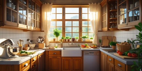 A charming rustic kitchen bathed in warm natural light, featuring wooden cabinets, a farmhouse sink, and fresh greenery adorning the windowsill, creating a cozy and inviting atmosphere.

