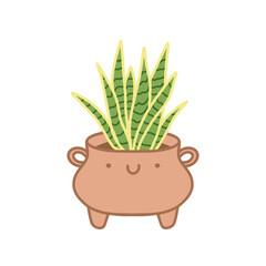 Adorable flower pot in kawaii style on white background.