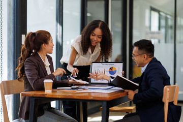 Financial Business analyze the graph of the company's performance to create profits and growth, Market research reports and income statistics, Financial and Accounting meeting concept.	
