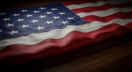 Obraz premium Closeup of American flag on wooden background 