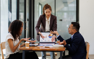 Financial Business analyze the graph of the company's performance to create profits and growth, Market research reports and income statistics, Financial and Accounting meeting concept.	
