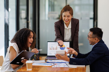 Financial Business analyze the graph of the company's performance to create profits and growth, Market research reports and income statistics, Financial and Accounting meeting concept.	
