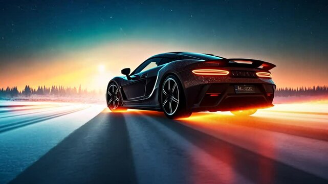 Sports Car Drifts Skillfully on Snow-Covered Road at Sunset Generative AI