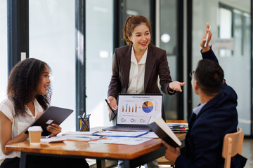 Financial Business analyze the graph of the company's performance to create profits and growth, Market research reports and income statistics, Financial and Accounting meeting concept.	
