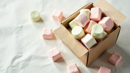 A Cardboard Box Overflowing with Delicate Pastel-Colored Marshmallows, Sweet Treats Scattered on a Soft Surface