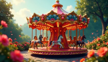 Colorful blooms whirl around a central axis in a beautiful floral carousel, blooming flowers, flowers