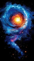 Obraz premium A vibrant cosmic swirl representing a galaxy, showcasing colors of blue, orange, and stars.